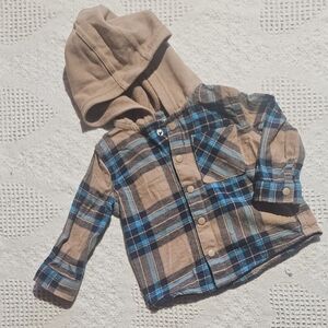 George Tan and Blue Plaid Button Down Shirt with Hood